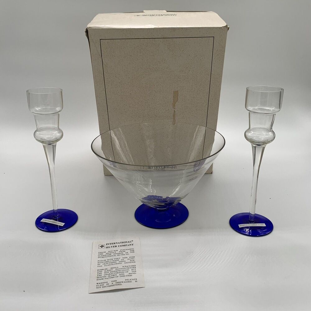Vintage International Silver Company Crystal Glass Blue Candlesticks and Bowl